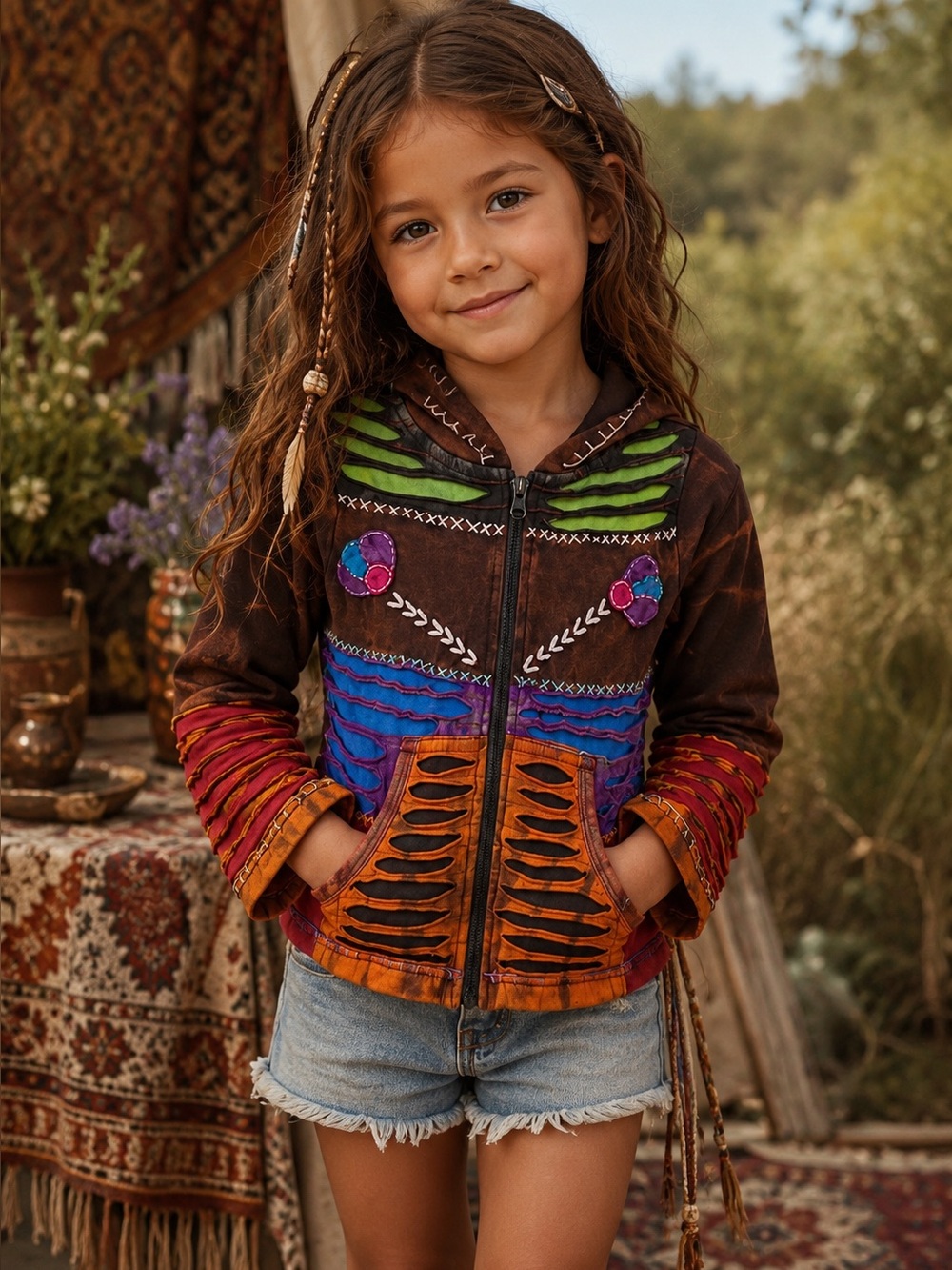KPC Vintage Nepal Patchwork Razor Cut Boho Gypsy Hoodie Size 5/6